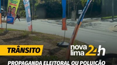 Wind banners de candidatos das Eleições 2026 estão colocando pedestres e motoristas em risco no Vila da Serra, e