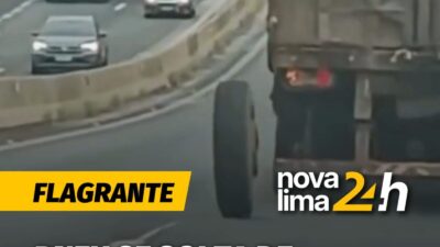 Pneu se solta de caminhão e quase provoca tragédia em rodovia de São Paulo.