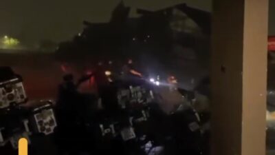 Um forte temporal atingiu Patos de Minas no fim da tarde deste sábado (5) e provocou a queda de parte da estrutura do