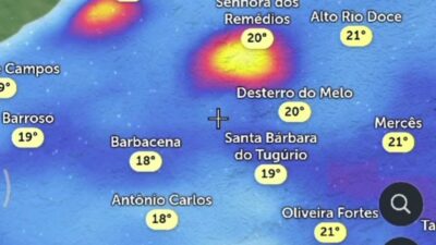 Imagem de radar mostra a evolução de sistema convectivo de chuva volumosa se formando ao norte de Barbacena